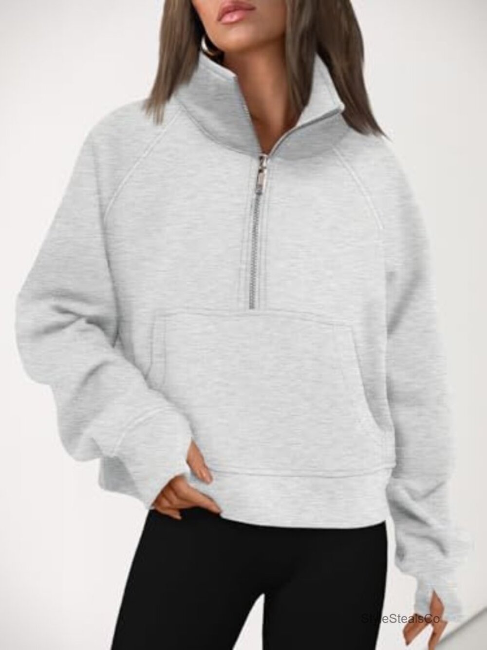 Warm Fleece Half Zip Pullover with Thumb Holes Kangaroo Pocket - Picture 5 of 6